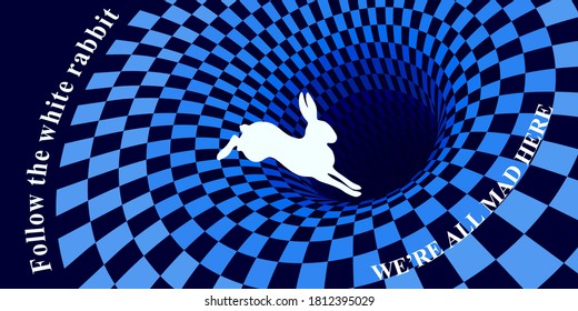 El conejo blanco corre y cae en un agujero. Fondo surrealista de ajedrez y letras   todos estamos locos aquí, sigue al conejo blanco.