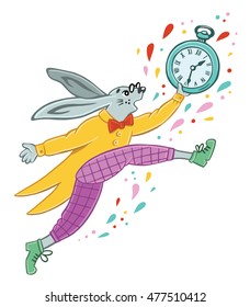 The white rabbit runs with a watch in his hand. Character