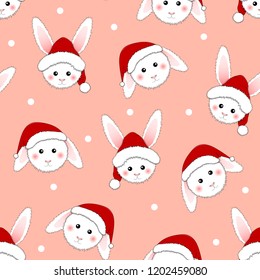 White Rabbit Santa Claus on Pink Background. Vector Illustration.