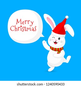 White rabbit with santa hat and scarf. Merry Christmas and happy new year concept. Cute bunny. Cartoon character design. Illustration isolated on blue background.