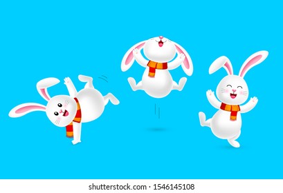 White rabbit with scarf dancing. Merry Christmas and happy new year. Cartoon character design, illustration isolated on blue background.