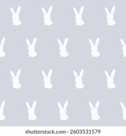 White Rabbit Silhouette Isolated on Soft background. Baby Nappy Print Swatch, Childish Textile Seamless Fabric Pattern Background. Easter mascot Bunny Symbol for Holiday Gift Wrapping Paper Design.