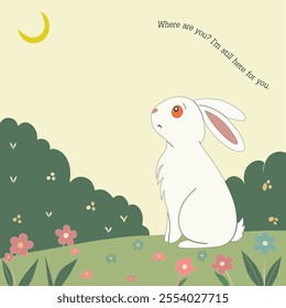 A white rabbit sits and looks at the crescent moon on the green grass. flowers in full bloom Where are you?I'm still here for you.Background Vector
