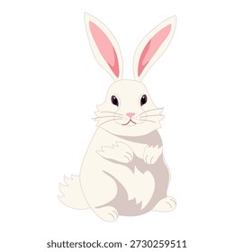 Un conejo blanco se sienta en sus patas traseras. Ilustración vectorial sobre un fondo blanco para postales y decoración