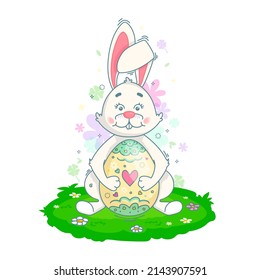 A white rabbit sits on a lawn and hugs a large colored Easter egg. Vector linear illustration. Character for the traditional Easter holiday.