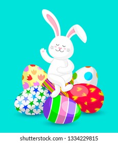 White rabbit sitting cross-legged on Easter eggs. Happy Easter day concept. Cute bunny, Cartoon character design. Vector illustration isolated on blue background.