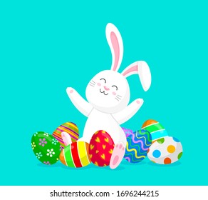 White rabbit sitting with Easter eggs. Happy Easter day concept. Cute bunny, Cartoon character design. Vector illustration isolated on blue background.
