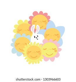 The white rabbit is sitting, on the background are flowers.