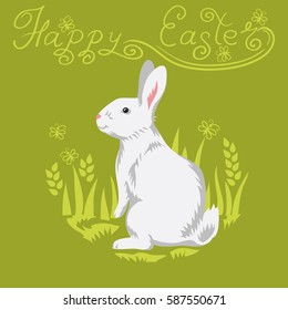 White rabbit sitting on a meadow. Vector image with the inscription: "Happy Easter" on a light green background