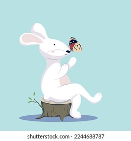 A white rabbit is sitting on a stump, a butterfly is flying near it. Vector illustration with cartoon rabbit character. Isolated on blue background