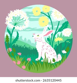 White rabbit sitting peacefully in a blooming meadow with dandelions and soft hills behind, layered paper cut vector style with springtime feel