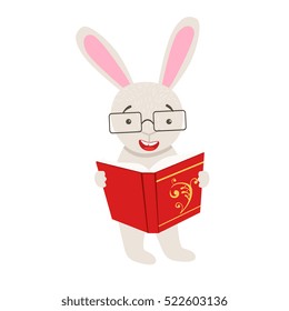 White Rabbit Smiling Bookworm Zoo Character Wearing Glasses And Reading A Book Cartoon Illustration Part Of Animals In Library Collection