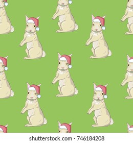 White Rabbit Sneaking Christmas Day on Blue Background. Vector Illustration.