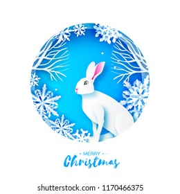 White rabbit in snowy frame. Merry Christmas Greeting card. Origami winter season. White snowflakes. Happy New Year. Blue. Circle tunnel frame. Blue.