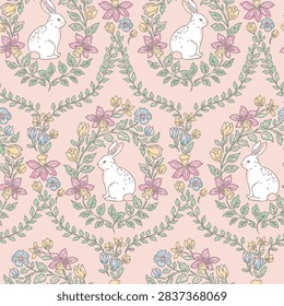 White rabbit, spring yellow, blue, pink flower and green leaf wreath pattern on pastel orange background. Easter wreath wallpaper, textile. Bright compositions with a cute rabbit, a wreath of flowers, leaves, hearts. Spring-summer flowering.	