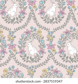 White rabbit, spring yellow, blue, purple flower and green leaf wreath pattern on pink background. Easter wreath wallpaper, textile. Bright compositions with a cute rabbit, a wreath of flowers, leaves, hearts. Spring-summer flowering.	