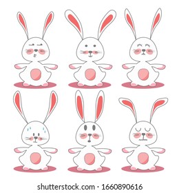 White rabbit sticker showing different faces on a white background.