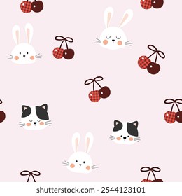 white rabbit and white striped black cat head  with cherry  seamless pattern , vector illustration