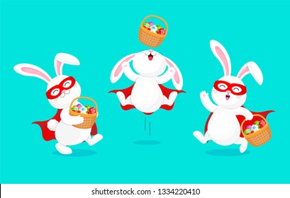 White rabbit in super hero costume holding Easter egg basket. Jumping and dancing.  Cartoon character design with mask and cape. Vector illustration isolated on blue background.