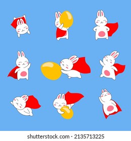 White rabbit in a superhero costume. Vector character in various poses