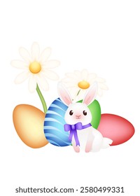 White rabbit surrounded by colorful Easter eggs and blooming daisies. Funny positive bunny with long ears. Cute and playful rabbit. 3d cartoon animal design. Vector illustration isolated on white