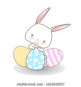 White rabbit with sweet pastel Easter egg cartoon character.