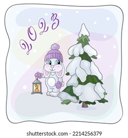 White Rabbit. Symbol of 2023. Rabbit in the winter forest. Vector color image.Cartoon illustration.
