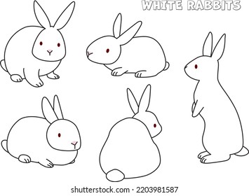 A white rabbit takes five different poses.