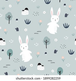 White rabbit with trees and flowers Seamless pattern cute cartoon animal background hand drawn in kid style The design used for Print, wallpaper, decoration, fabric, textile Vector illustration