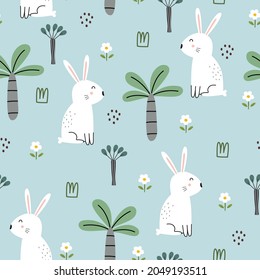 White rabbit with trees and flowers Seamless pattern cute cartoon animal background hand drawn in kid style The design used for Print, wallpaper, decoration, fabric, textile Vector illustration