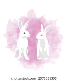 White Rabbit Valentine Day Animal Symbol of Love Postcard Watercolor Vector Illustration