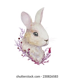 White Rabbit  Watercolor Easter art print  Vector hand drawn illustration in vintage style 