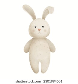 White rabbit watercolor illustration isolated. Children's cute plush toy