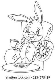 White rabbit from Wonderland. Element for coloring page. Cartoon style.