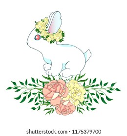 White rabbit with a wreath of peonies. Border of peonies and foliage
