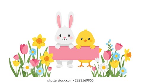 White rabbit and yellow chick hold blank pink sign surrounded by colorful spring flowers in isolated white background for Easter greeting.