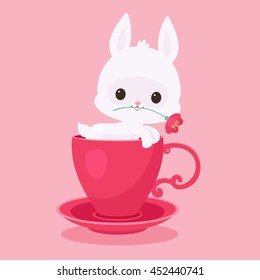 White rabbit/bunny in a tea/coffee cup vector illustration. Cute curious rabbit/bunny peeping from the cup and holding a flower