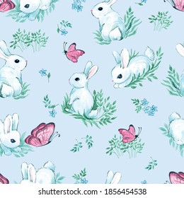 white rabbits with butterflies on a light blue background. cute kids ornament