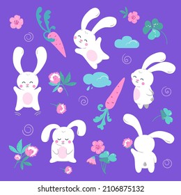 White rabbits with carrots and clover. Cute cartoon set.