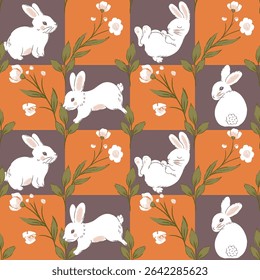 White Rabbits Checkers Vector Seamless Pattern