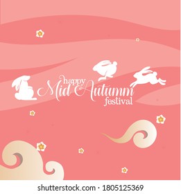 white rabbits with clouds and flowers design, Happy mid autumn harvest festival oriental chinese and celebration theme Vector illustration