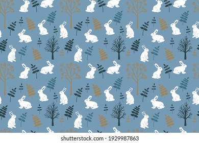 conejos blancos en el bosque sobre un vector de fondo azul claro patrón sin fisuras 