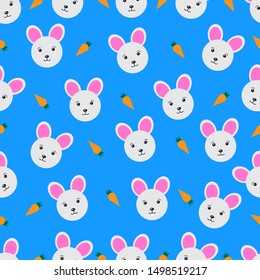 white rabbits and fresh carrots isolated seamless pattern on blue color background. white rabbits and fresh carrots. Vector Illustration