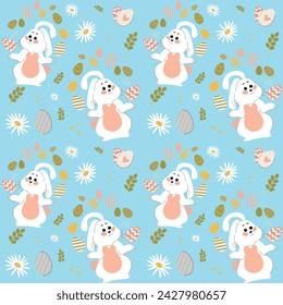 Conejos blancos sobre fondo azul. Precioso patrón plano sin costuras de Pascua con conejos, garabatos, flores, huevos de Pascua, hermoso fondo. Para tarjetas de Pascua, banner, textiles, papel pintado.
