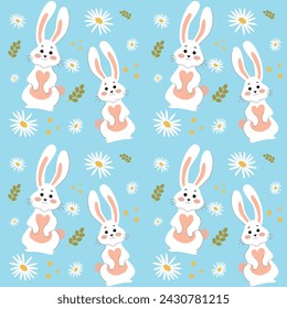 White rabbits on a blue background pattern. Lovely flat Easter seamless pattern with bunnies, doodles, flowers, beautiful background. For Easter cards, banner, textiles, wallpaper.