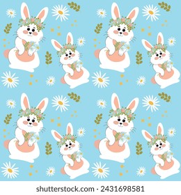 White rabbits on a blue background pattern. Lovely flat Easter seamless pattern with bunnies, doodles, flowers, beautiful background. For Easter cards, banner, textiles, wallpaper.