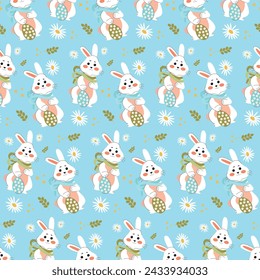 Conejos blancos sobre fondo azul. Precioso patrón plano sin costuras de Pascua con conejos, garabatos, flores, huevos de Pascua, hermoso fondo. Para tarjetas de Pascua, banner, textiles, papel pintado.