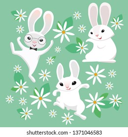white rabbits on the field with flowers