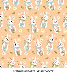 White rabbits on a peach background pattern. Lovely flat Easter seamless pattern with bunnies, doodles, flowers, easter eggs, beautiful background. For Easter cards, banner, textiles, wallpaper.