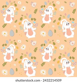 White rabbits on a peach background pattern. Lovely flat Easter seamless pattern with bunnies, doodles, flowers, easter eggs, beautiful background. For Easter cards, banner, textiles, wallpaper.